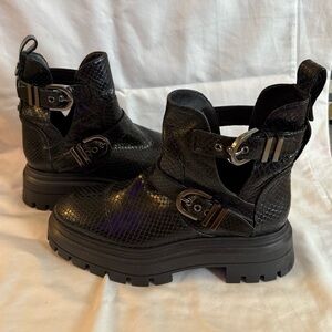 Stuart Weitzman Black Snakeskin Print Moto Boots-Size 6